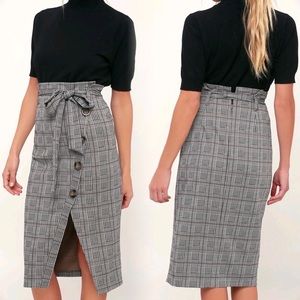 Lulus Grey Black Plaid Paper Bag Button Front Tie Pencil Skirt